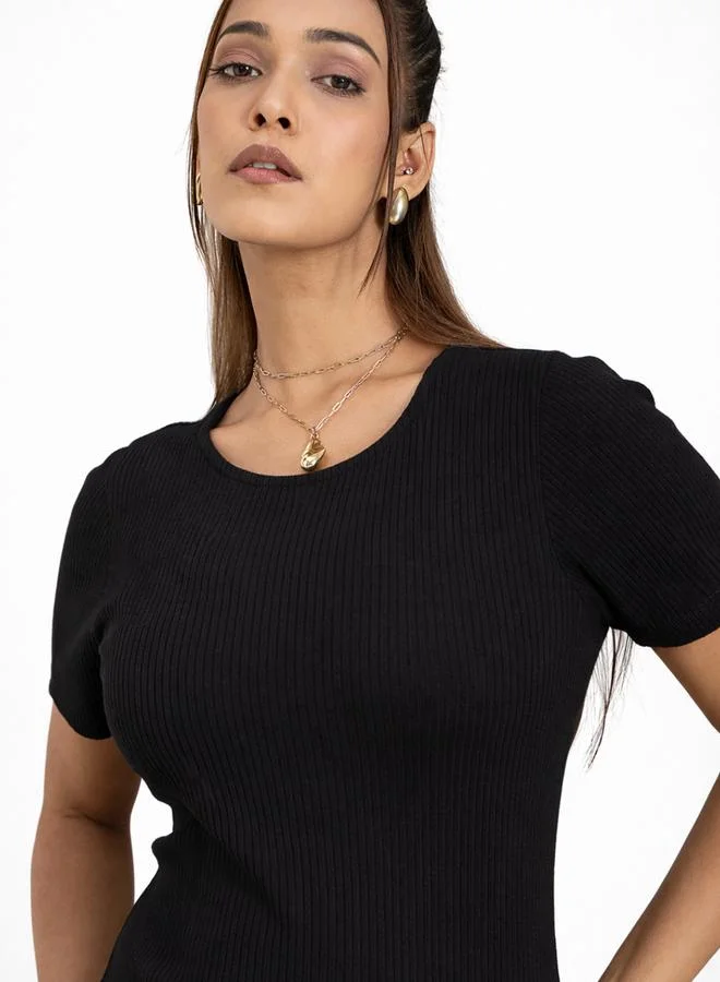 WineRed Women Black Short Sleeve Bodycon Midi Dress
